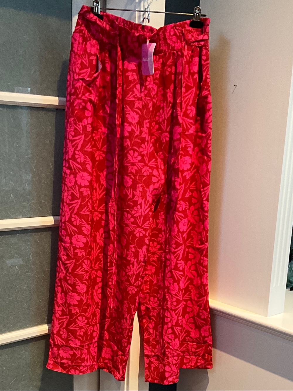 Bright Floral Red Wide-Leg Pants